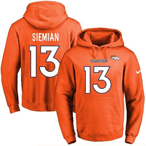 Nike Broncos #13 Trevor Siemian Orange Name & Number Pullover NFL Hoodie - Click Image to Close